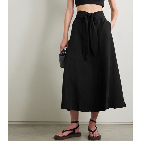 Mara Hoffman Anna Belted Tencel Lyocell and Linen Blend Midi Skirt in Black - Picture 1 of 10
